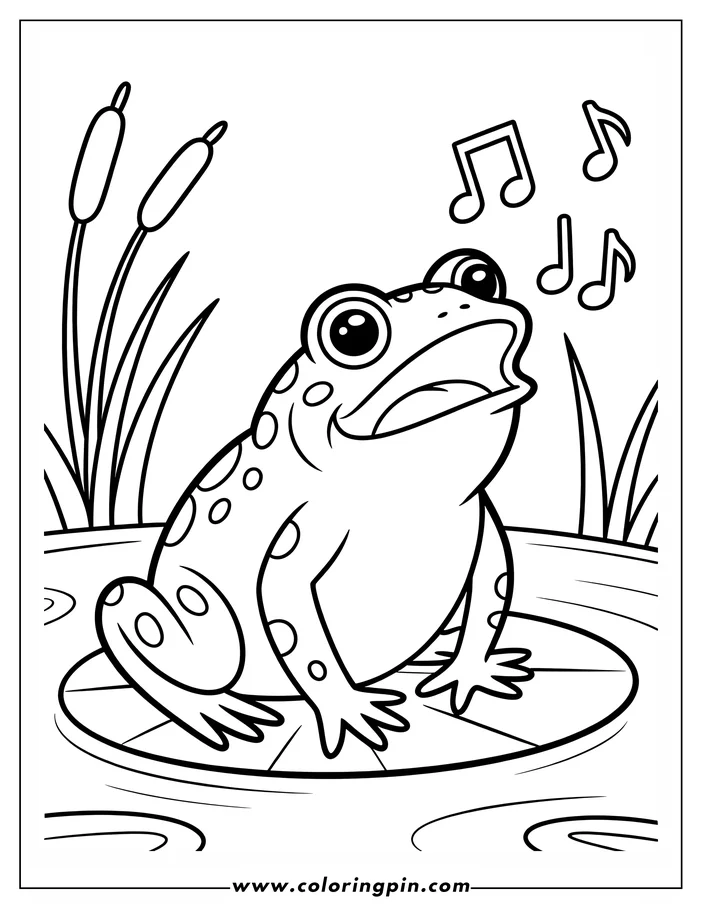 Outline of a cartoon frog sitting on a lily pad and singing with musical notes floating above.