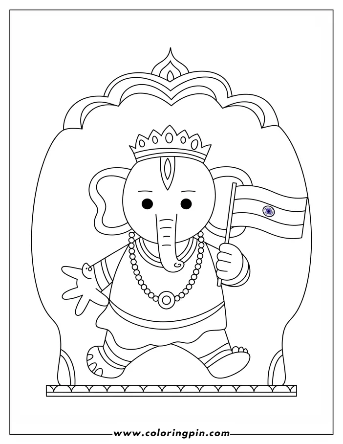 Line drawing of Ganesha holding the Indian flag within an ornate frame. He wears a crown and necklace.