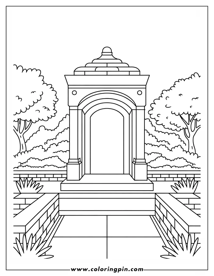 Line art of a gazebo in a garden, surrounded by trees, bushes, and brick planters with plants.