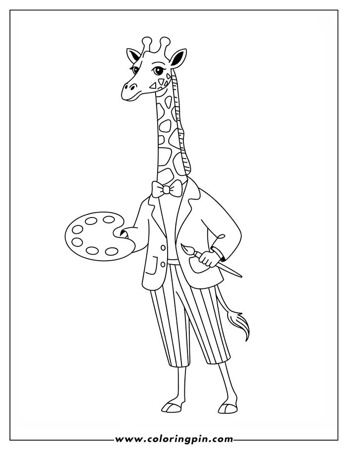 Line drawing of a giraffe wearing a blazer, bow tie, and striped pants, holding a paintbrush and palette.