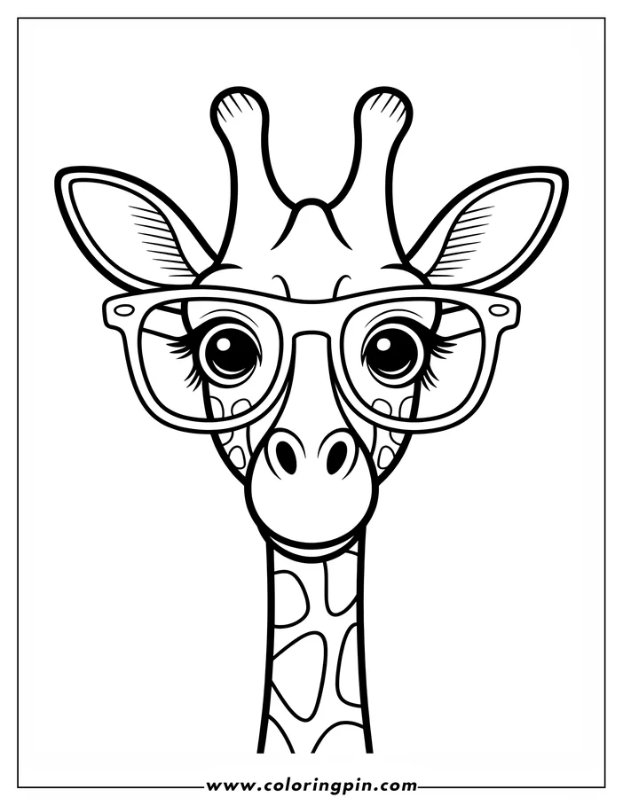 Line art of a giraffe wearing glasses. The giraffe's head and neck are visible, showing its distinctive spots.