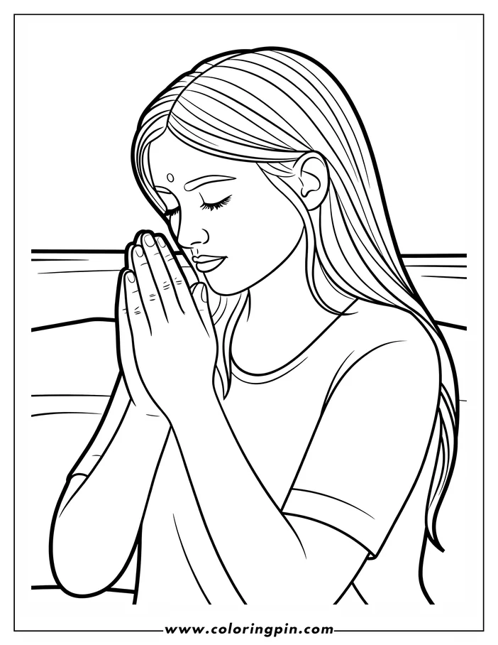Line art of a girl with long hair and closed eyes, holding her hands together in prayer.
