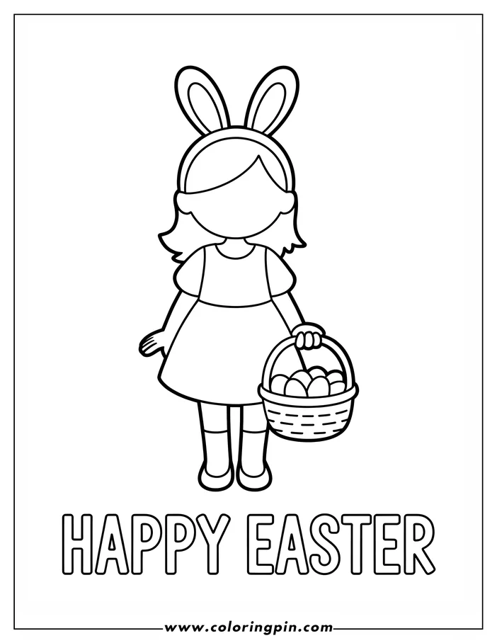Line art of a girl wearing bunny ears and holding a basket of Easter eggs.  This is a simple drawing suitable for a children's coloring page.