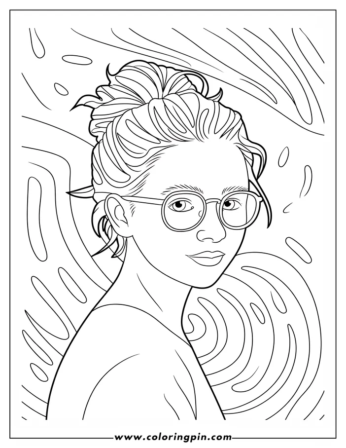 Line art of a girl wearing glasses with her hair in a bun, set against an abstract swirling background.