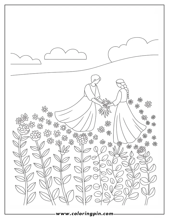 Two girls exchanging a bouquet of flowers in a field with various plants.