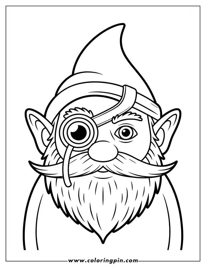 Line art of a gnome wearing a monocle, with a pointed hat, large ears, and a full beard and mustache.