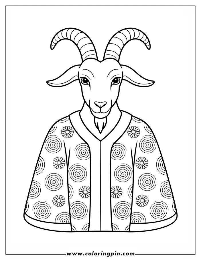 Line art of a goat wearing a patterned kimono. The goat's horns are prominent, and the kimono features flowers and circular designs.