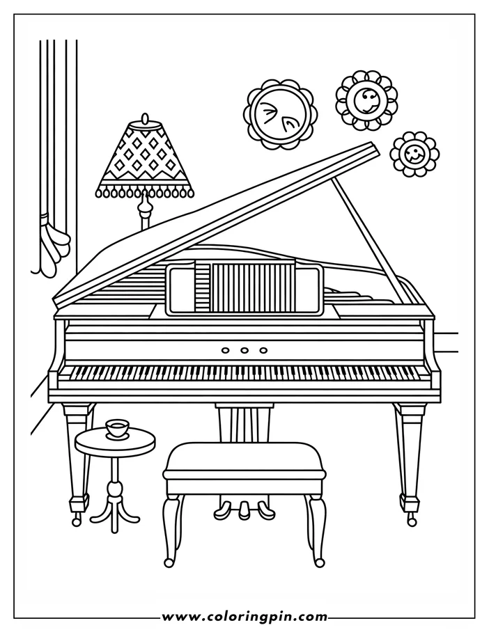 Line art of a grand piano in a room with open lid, bench, small table with a lamp and teacup, and decorated mirrors on the wall.