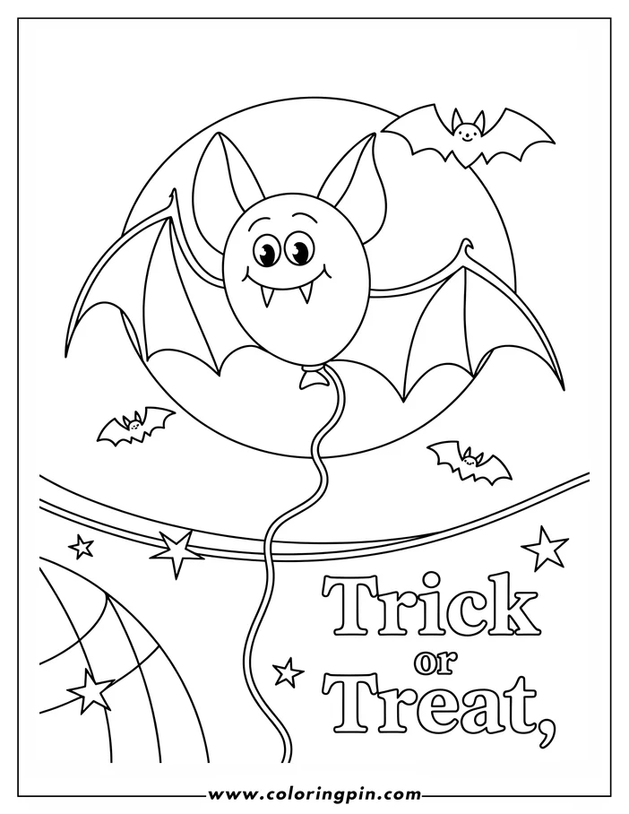 Halloween-themed coloring sheet: A cartoon bat, designed like a balloon, floats in the night sky with smaller bats and stars.  A banner below reads "Trick or Treat." This simple line art is perfect for coloring.