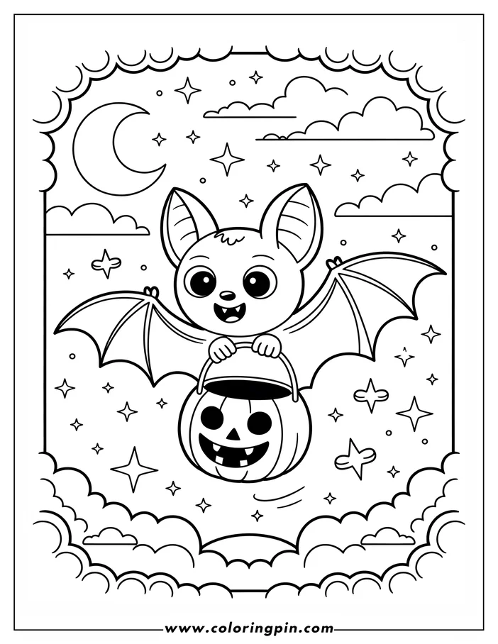 Halloween-themed coloring page: A cartoon bat with a friendly expression carries a jack-o'-lantern trick-or-treat basket, flying through a starry night sky with fluffy clouds. This outline drawing is perfect for coloring.
