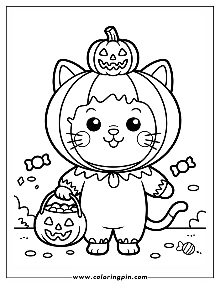 Halloween-themed coloring page: A cat wearing a pumpkin costume and jack-o'-lantern hat holds a candy bucket, surrounded by scattered candies. A simple, cute design for kids' coloring activities.