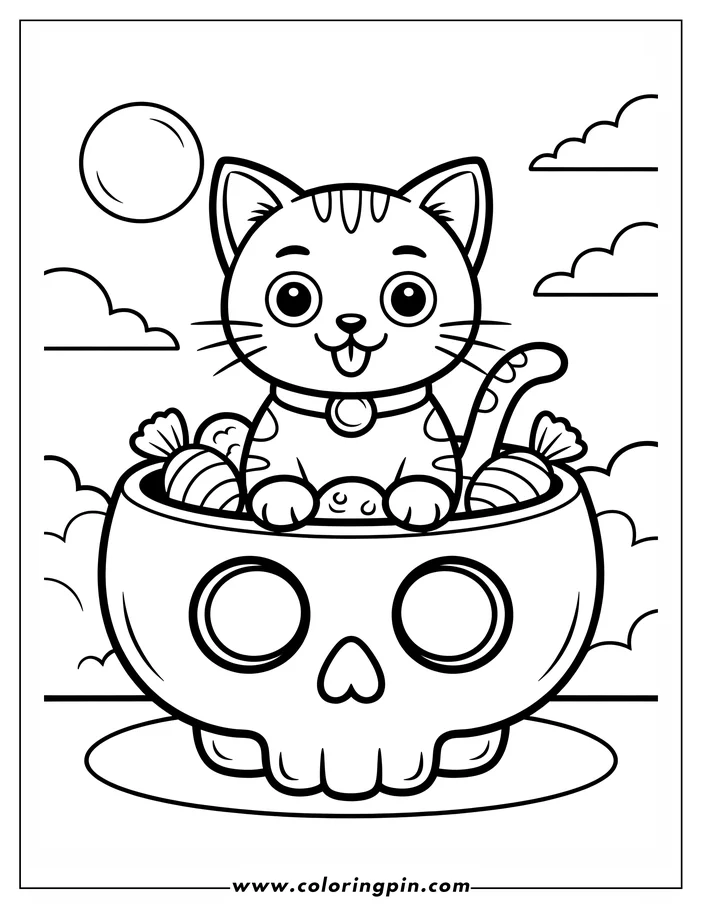 Halloween-themed coloring page: A cat sits in a skull-shaped bowl filled with candies. The cat wears a collar and has a cheerful expression. The scene is set against a simple background with clouds and a moon.