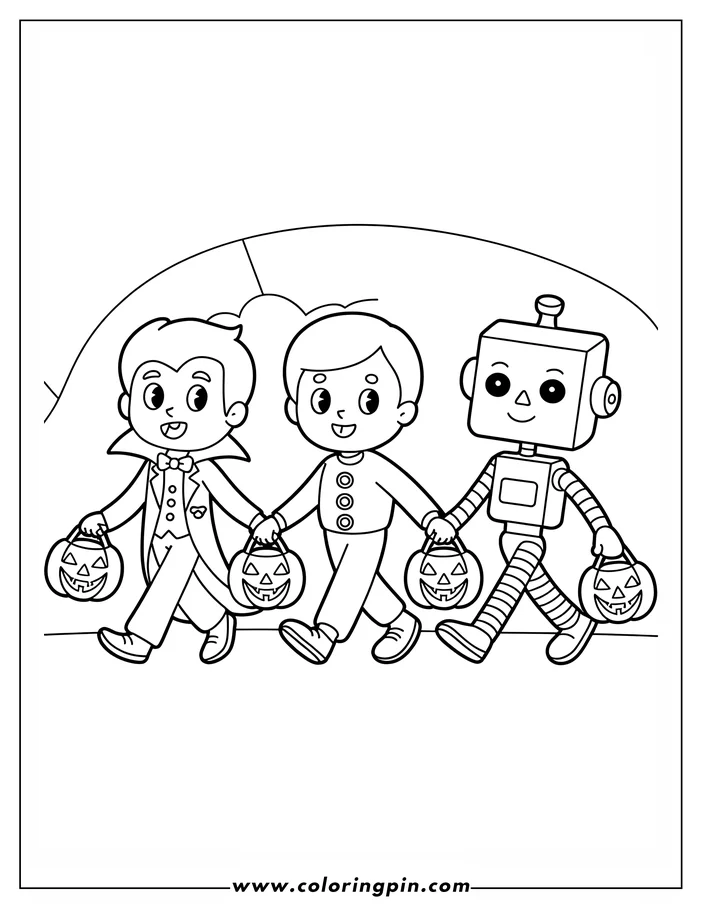 Halloween coloring page with line art of a vampire, child, and robot trick-or-treating. Each holds pumpkin baskets. Simple background. Ready for coloring.