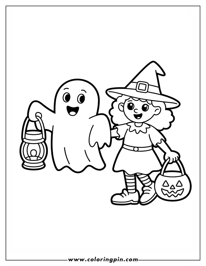 Halloween-themed coloring sheet: A cartoon ghost holding a lantern stands next to a girl dressed as a witch carrying a jack-o'-lantern treat bag. This simple line art is perfect for coloring.