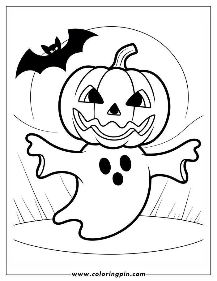 Halloween-themed coloring sheet design: A line art ghost with a carved pumpkin head floats playfully. Three dots adorn the ghost's body, and a bat flies in the background. Perfect for some spooky coloring fun.