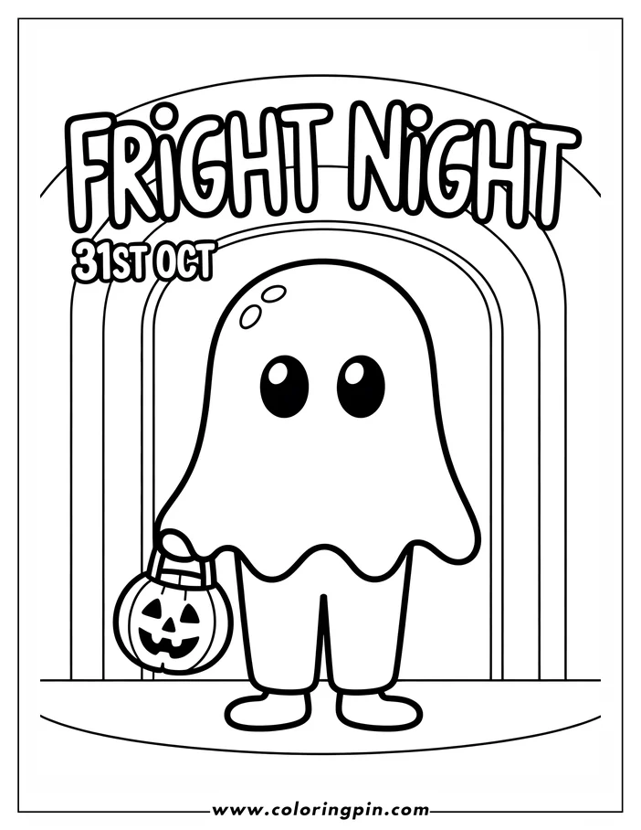 Halloween-themed coloring sheet: A cartoon ghost, holding a jack-o'-lantern trick-or-treat pail, stands against a backdrop with 'Fright Night' and '31st Oct'. This simple, friendly ghost design is perfect for kids' coloring activities.