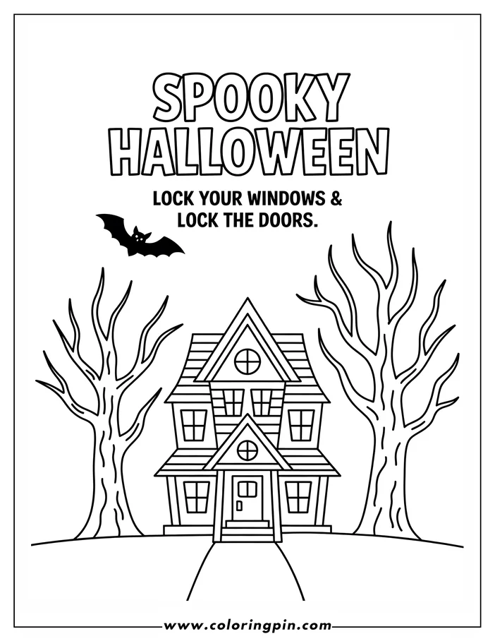 Halloween-themed coloring page: A spooky haunted house stands between two bare trees, with a bat flying overhead. The house is a simple line drawing designed for coloring, with multiple windows, a front door, and a pathway leading to the entrance.