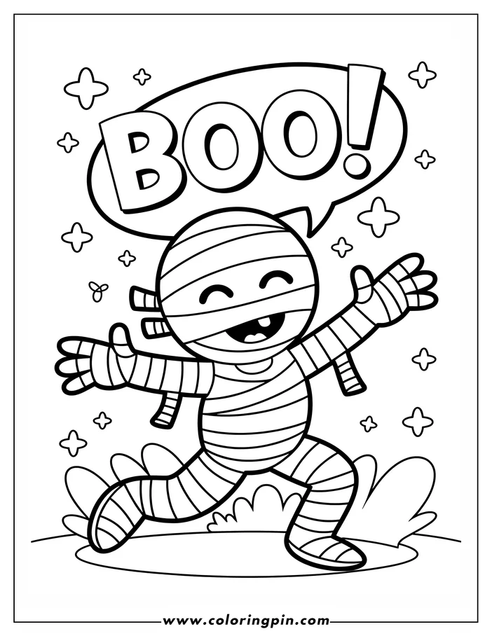 Halloween-themed coloring sheet: A cartoon mummy wrapped in bandages shouts "Boo!" with outstretched arms, a cheerful expression on its face, surrounded by small stars and plus signs. This line art is ready for coloring.