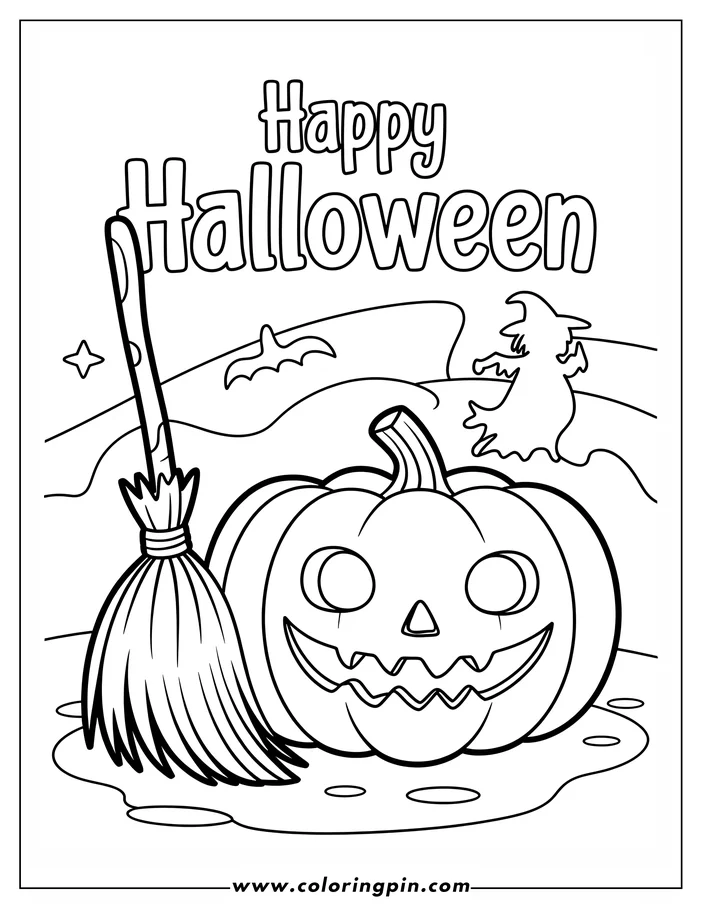 Halloween coloring page: A carved jack-o'-lantern sits beside a broom. A witch and a bat fly in the background, enhancing the spooky Halloween theme. This simple, fun line art is perfect for kids to color.