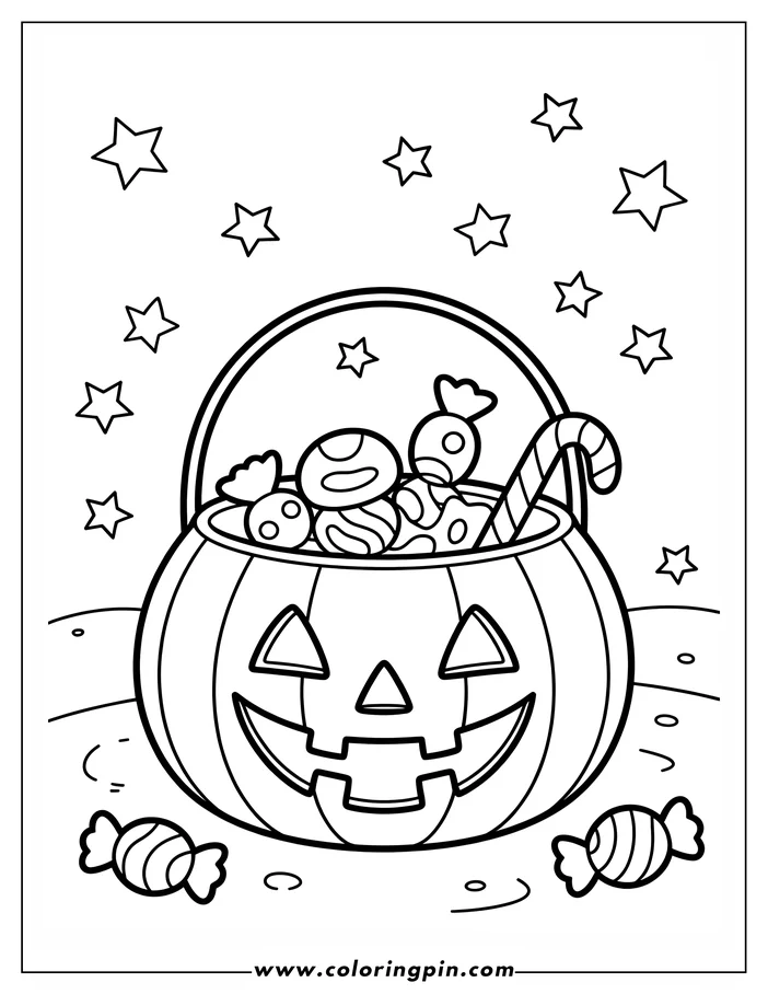 Halloween-themed coloring page: A jack-o'-lantern basket overflows with candy.  Stars twinkle around the basket and two more candies rest on the ground. This drawing is presented as a printable coloring page.