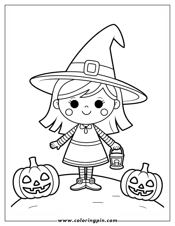 Line art of a Halloween witch for coloring. She wears a large pointed hat and holds a lantern. Two jack-o'-lanterns sit on either side of her.