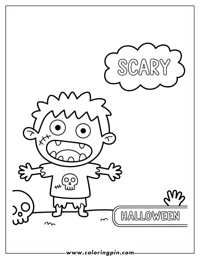 Halloween-themed coloring page: A cartoon zombie with stitched-up skin and a skull on its shirt stands near a skull and a sign that says 'Halloween'. Spooky fingers peek over the sign. This line art is ready to be colored.