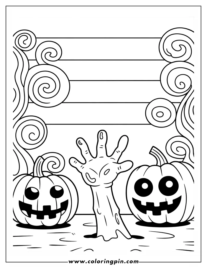 Halloween coloring sheet design depicting a zombie hand reaching up from the ground. On either side of the hand are two grinning jack-o'-lanterns with carved faces.  Swirls decorate each side of the background, enhancing the spooky theme.