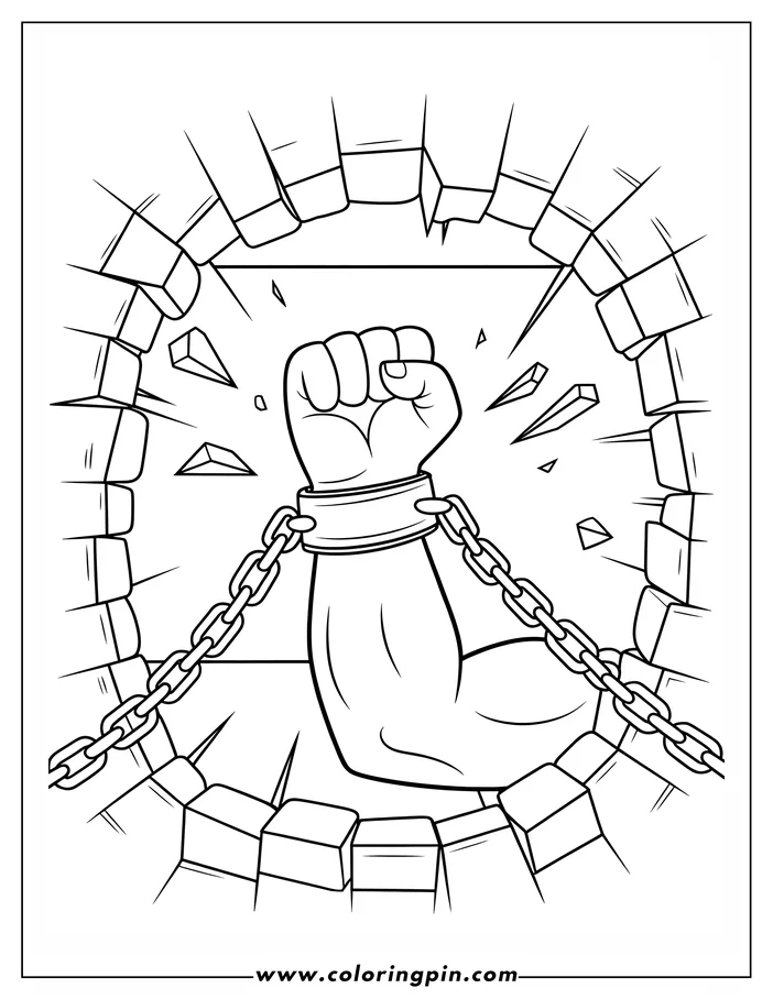 Outline of a muscular arm punching through a brick wall while chained