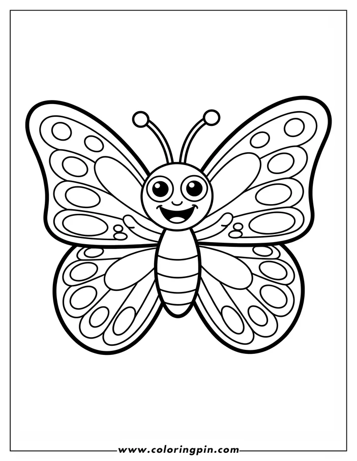 Simple, friendly line art of a butterfly with open wings and large spots, designed as a coloring sheet. The butterfly appears happy, with big, round eyes. Perfect for kids.