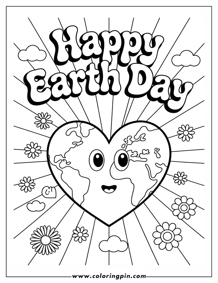 A coloring sheet design for Earth Day depicts a heart-shaped Earth with a smiling face. The Earth's continents are outlined within the heart.  Daisies and small clouds surround the heart, with rays extending outwards. The words 'Happy Earth Day' appear above.