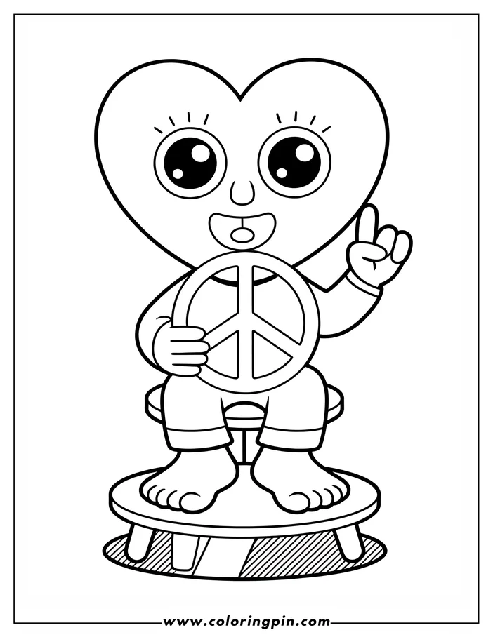 Outline of a heart-shaped character holding a peace symbol and making a peace sign, sitting on a stool