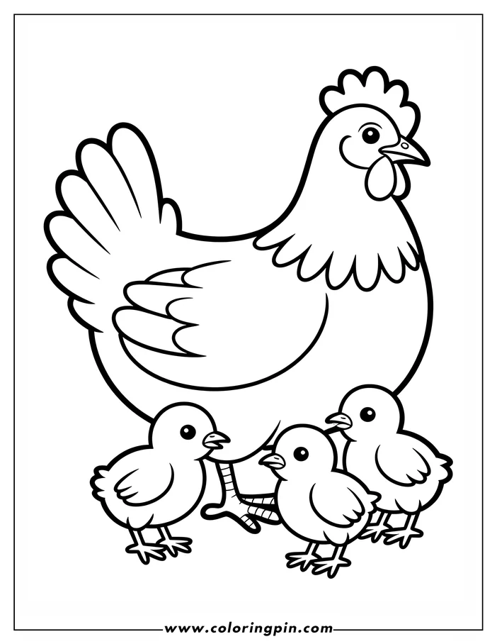 Line art of a hen with three small chicks. The hen has a large tail and a prominent crest on her head.