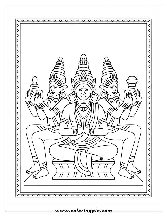Line art of a Hindu deity sitting in a meditative pose on a pedestal. The deity is adorned with traditional attire and jewelry.