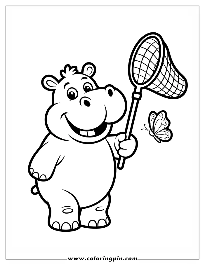 Line art of a playful hippopotamus trying to catch a butterfly with a net. The hippo is smiling and holding the net expectantly.  A butterfly with detailed wings flutters near the net's opening, creating a fun scene ready for coloring.