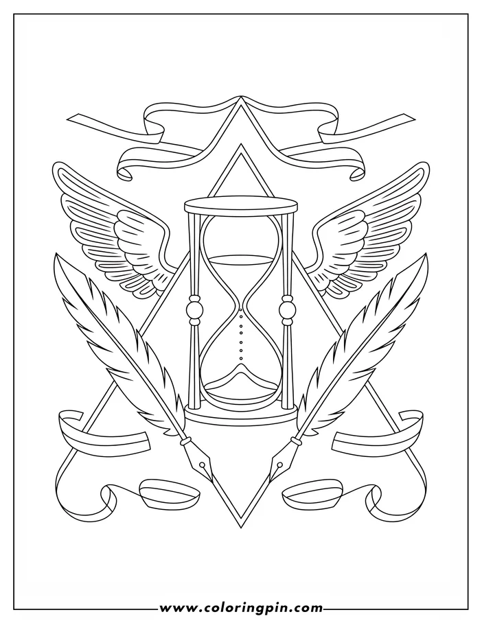 Line art of an hourglass centered between wings and crossed quills, with ribbons and a triangular frame.