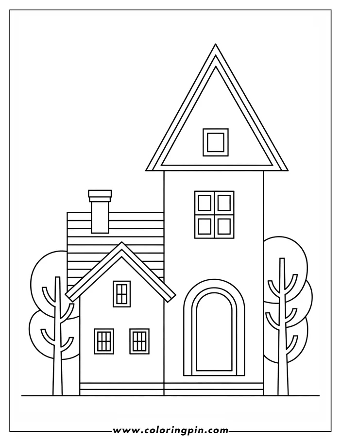 Line art of two houses and two trees. The taller house has an arched doorway. The smaller house has a chimney.