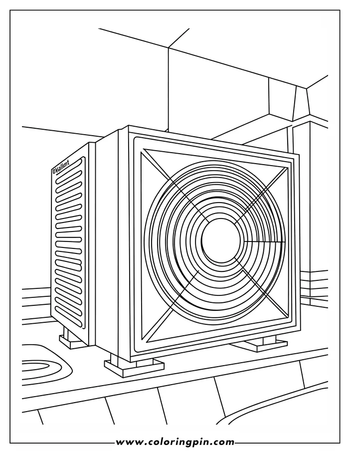 Line drawing of an HVAC unit on a rooftop. It has a circular vent and a rectangular side vent.
