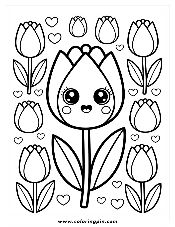 Cute kawaii tulip coloring page with hearts, a simple and cheerful flower coloring sheet for kids, free and printable.