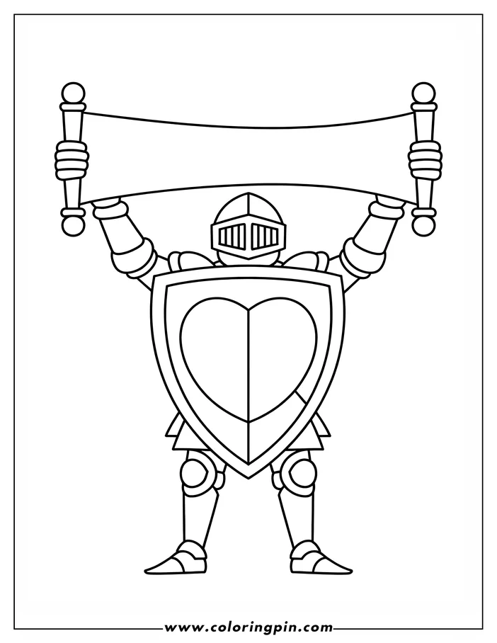 Line art of a knight holding a blank banner above its head. The knight has a heart-shaped shield.