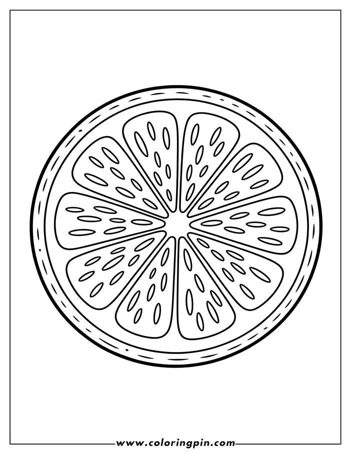 Line art of a lemon slice showing segments and seeds.