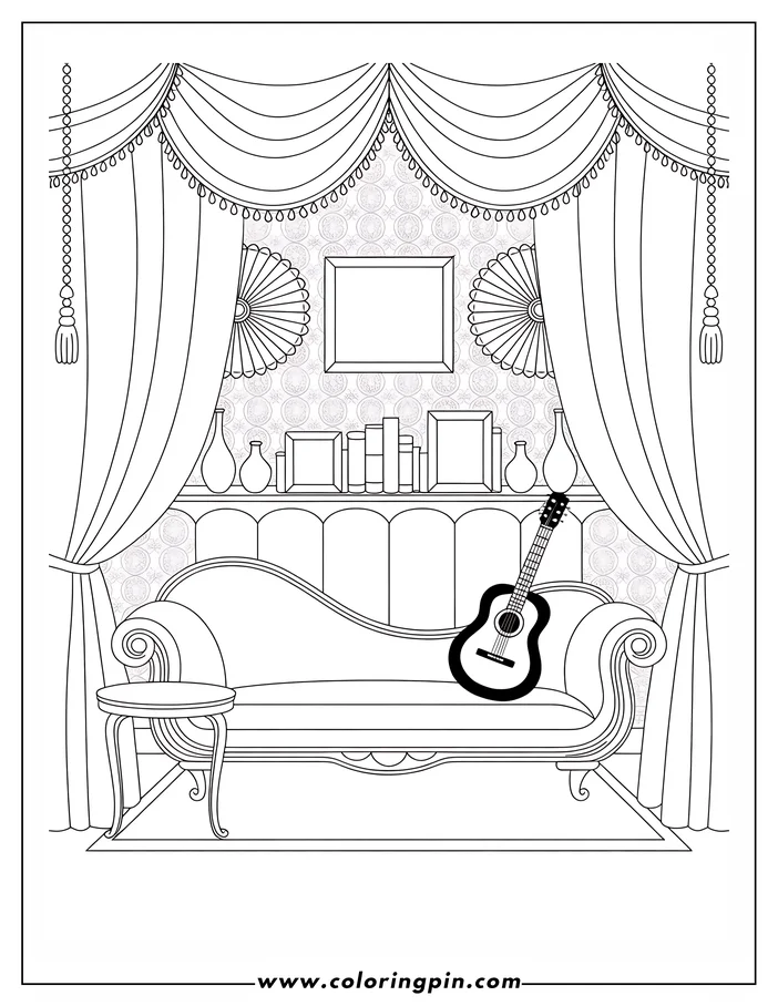 Outline of a living room with a guitar resting on a chaise lounge, decorative vases and books on the mantelpiece, and elegant curtains framing the scene.