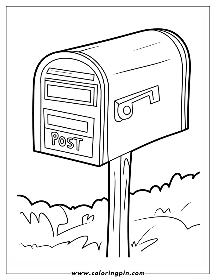 Line art of a mailbox on a post with slots for mail and packages and a keyhole, with grass in the background.