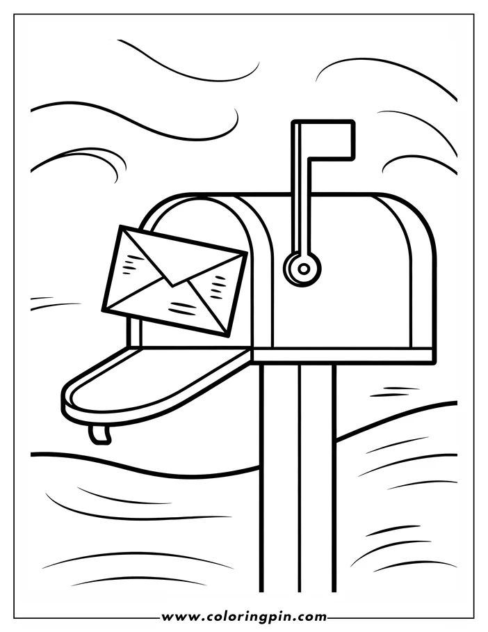 Line art of a mailbox with an envelope sticking out of the open door and the flag up.