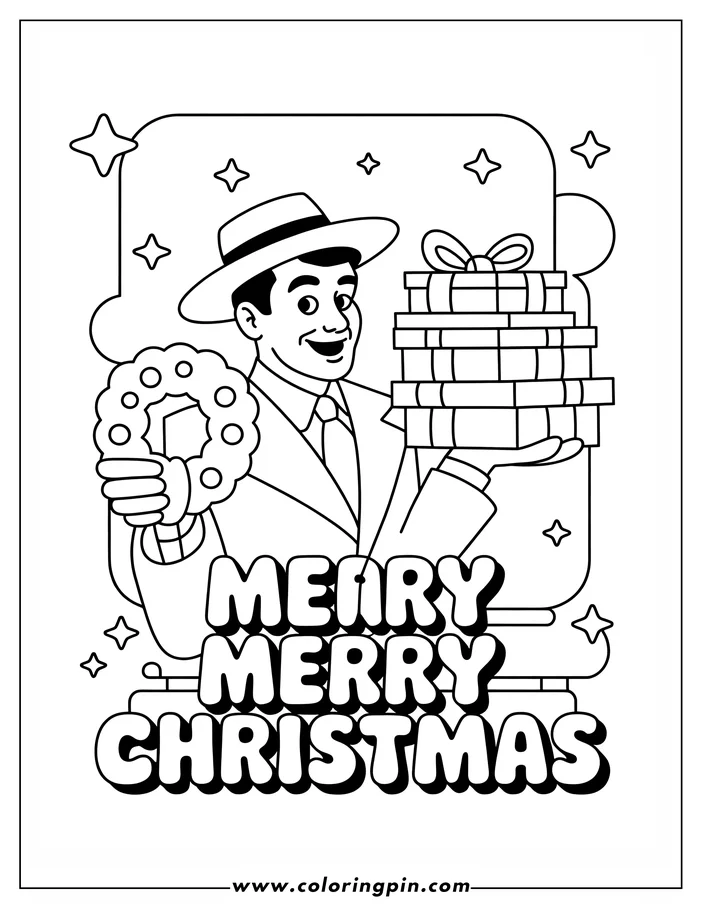 Line art of a man in a suit and hat holding Christmas gifts and a wreath, with 'Merry Merry Christmas' written below.