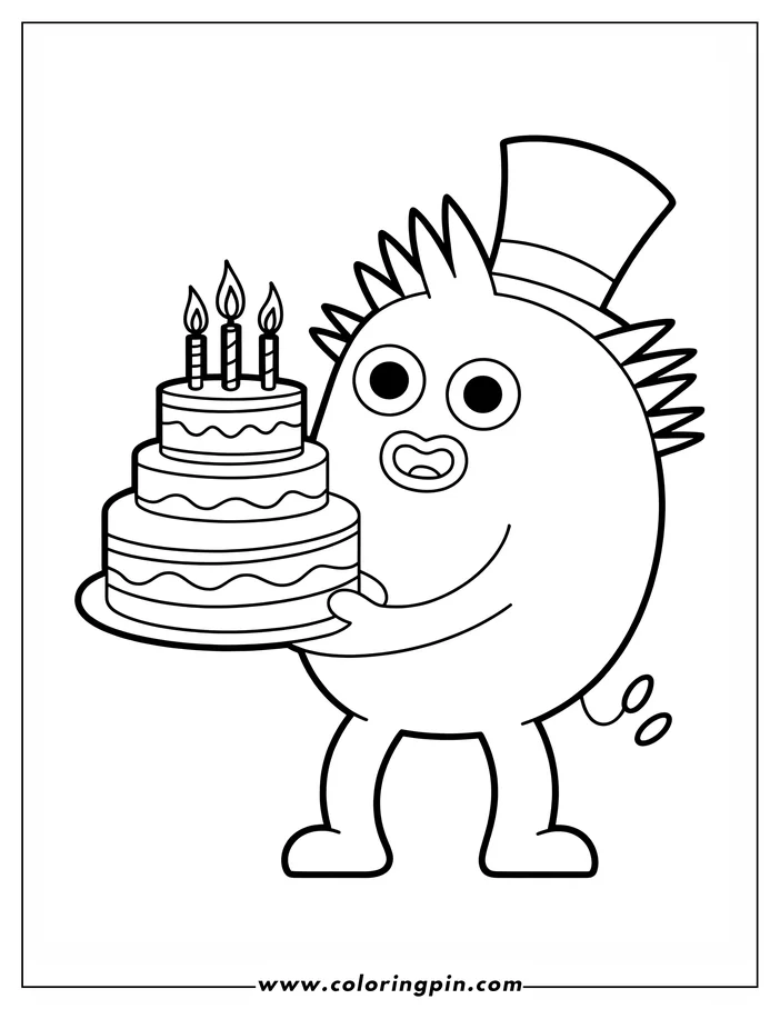 Line art of a friendly monster wearing a top hat and holding a birthday cake with three lit candles.
