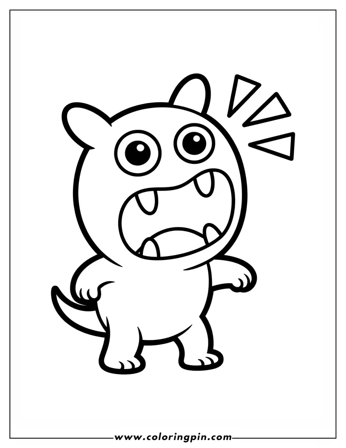 Line art of a cartoon monster shouting with its mouth wide open.
