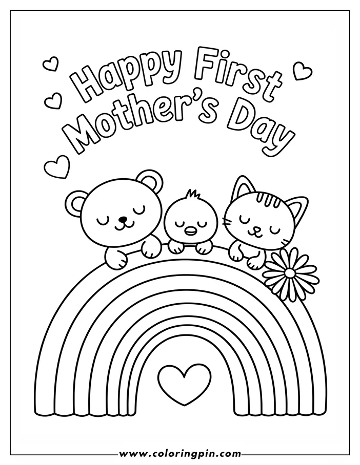 Line art of a bear, chick, and cat sitting on a rainbow for a Mother's Day coloring page. The cat has stripes and is next to a flower. A simple heart is drawn under the rainbow. 
