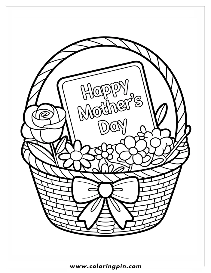 Line art of a Mother's Day basket coloring page. A woven basket contains a "Happy Mother's Day" card, a large rose, various smaller flowers, and is adorned with a bow.