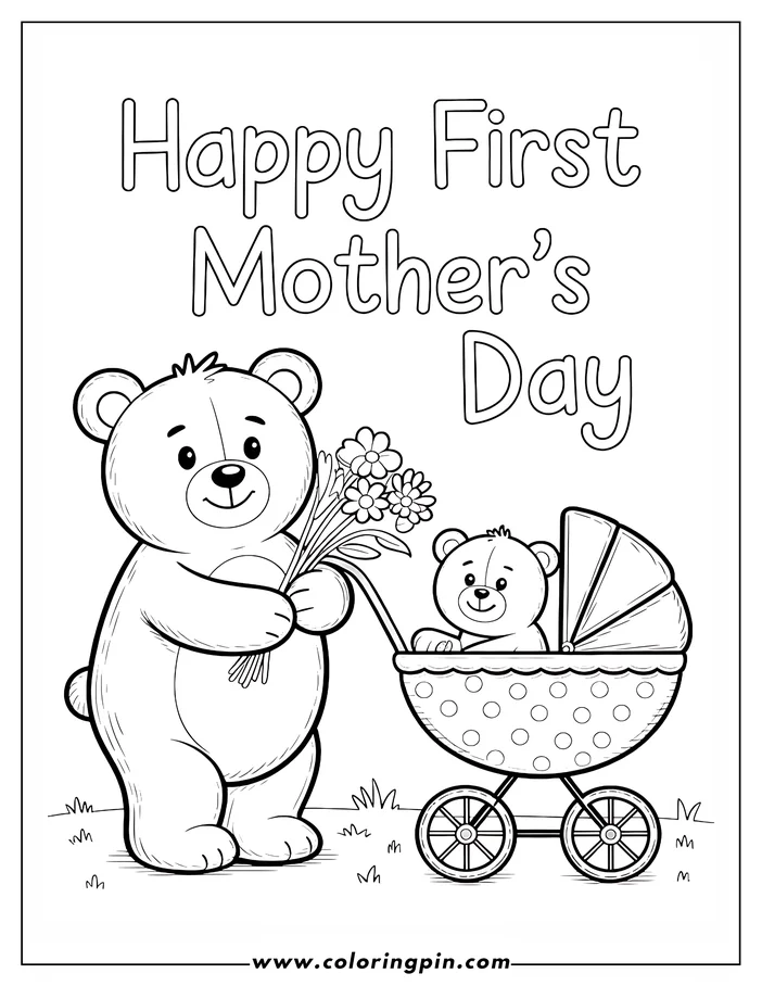 Mother's Day coloring sheet design of a mama bear holding flowers and pushing a baby carriage containing a baby bear. The carriage has a polka dot pattern and a canopy. Simple line art ready to be colored.