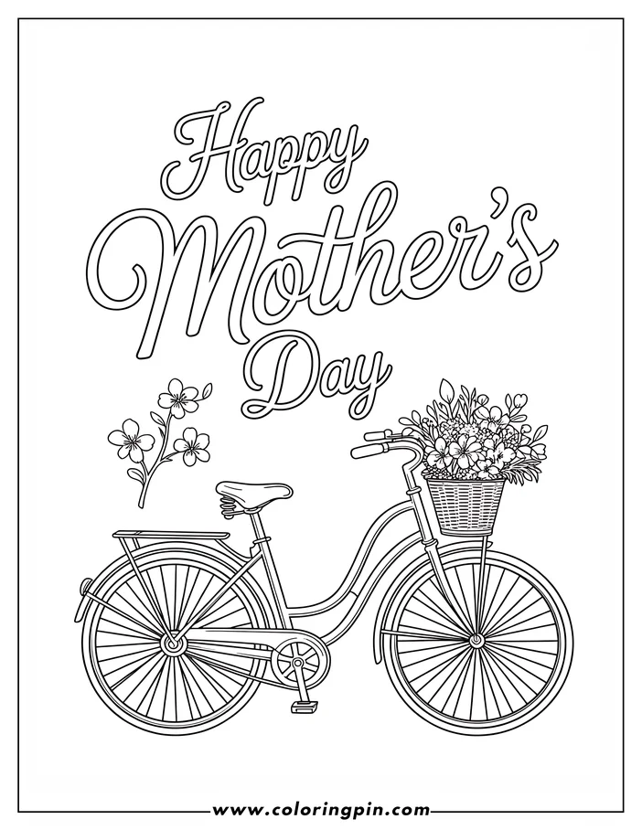 Line art of a bicycle with flowers in the basket and "Happy Mother's Day" written at the top, designed as a coloring page for Mother's Day.